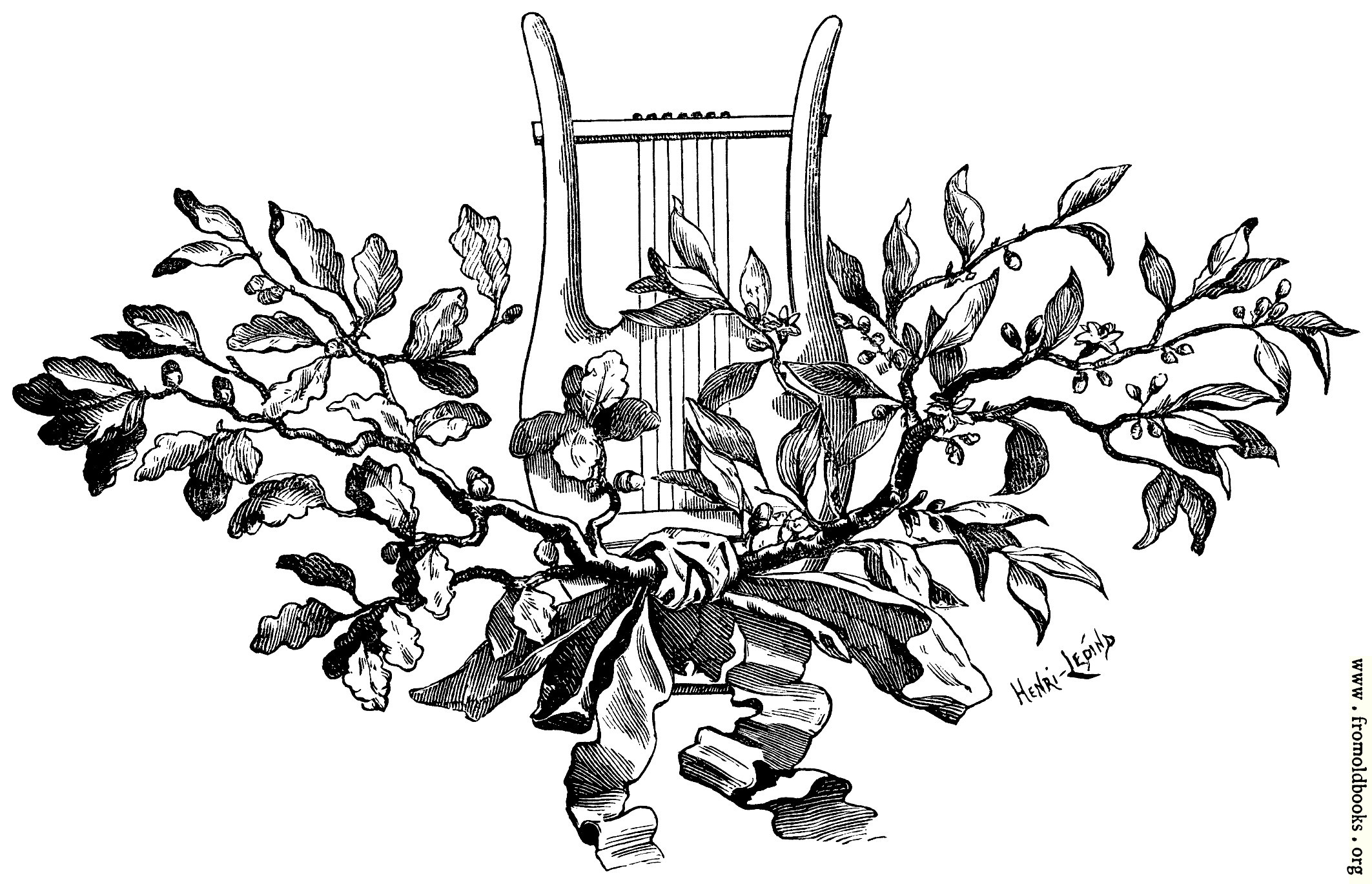 [Picture: Tailpiece ornament - Harp with oak leaves and mistletoe]