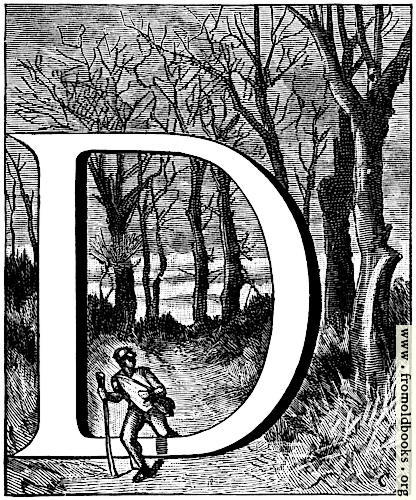 [Picture: Initial letter D with hiker in forest]