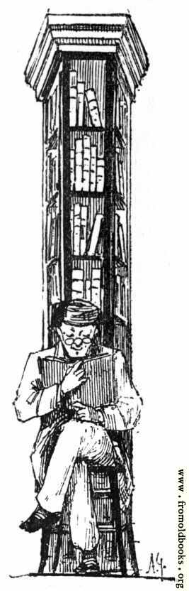 [Picture: Man reads in front of tall bookcase]