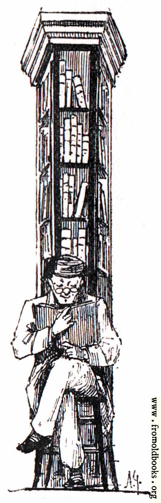 [Picture: Man reads in front of tall bookcase]