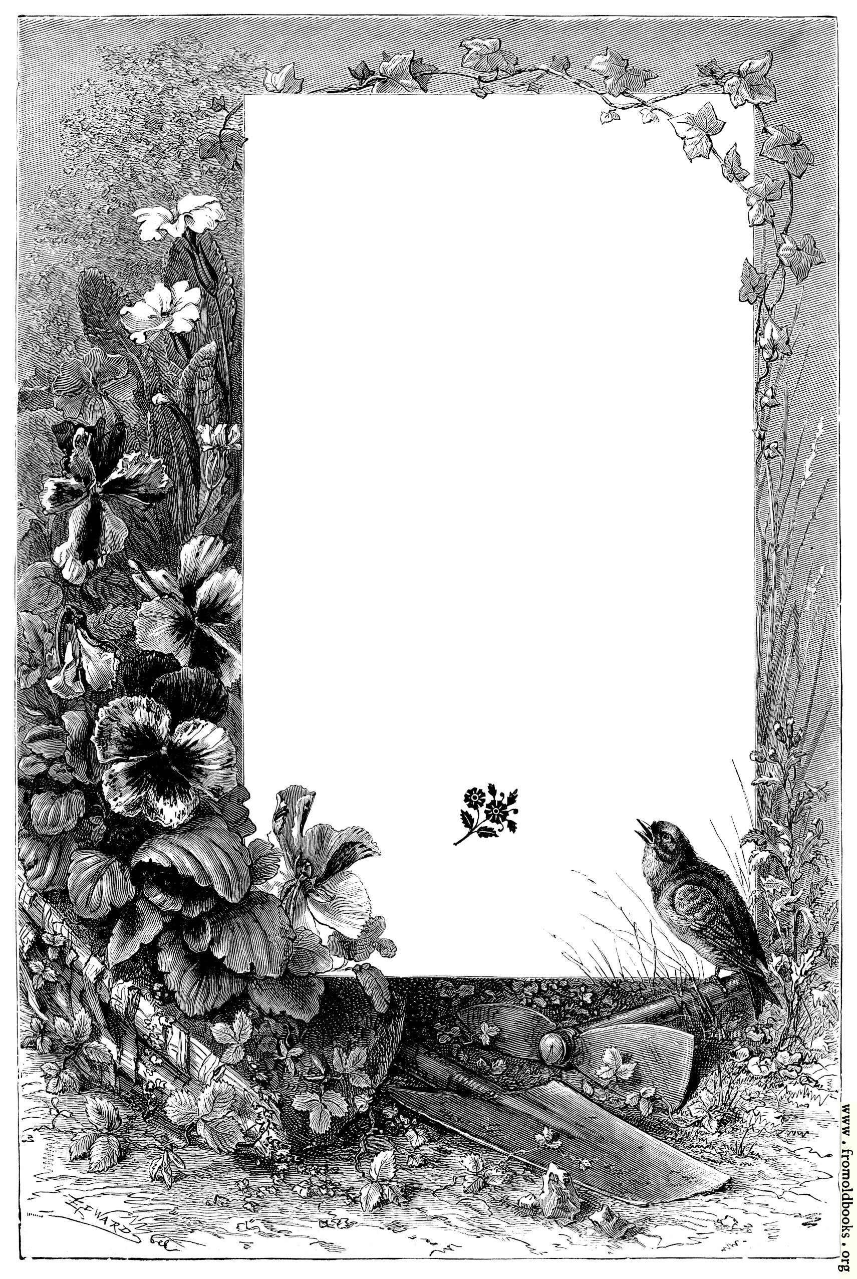[Picture: Full-page border with bird, flowers, ivy]