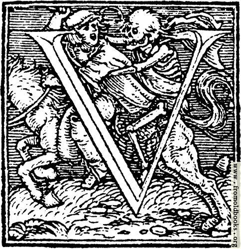 [Picture: 62v.—Initial capital letter “U” from Dance of Death Alphabet]