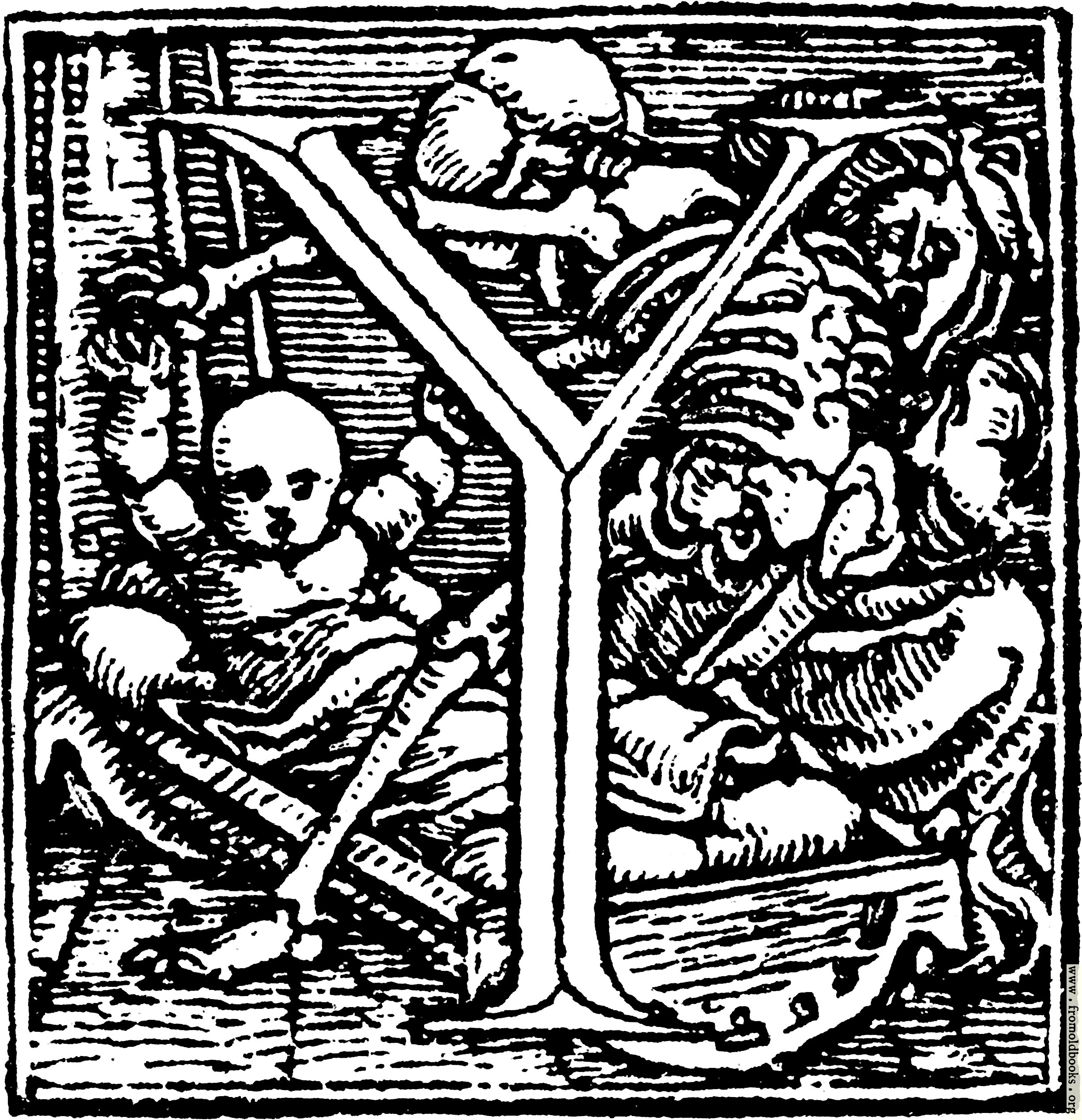 [Picture: 62y.—Initial capital letter “Y” from Dance of Death Alphabet.]