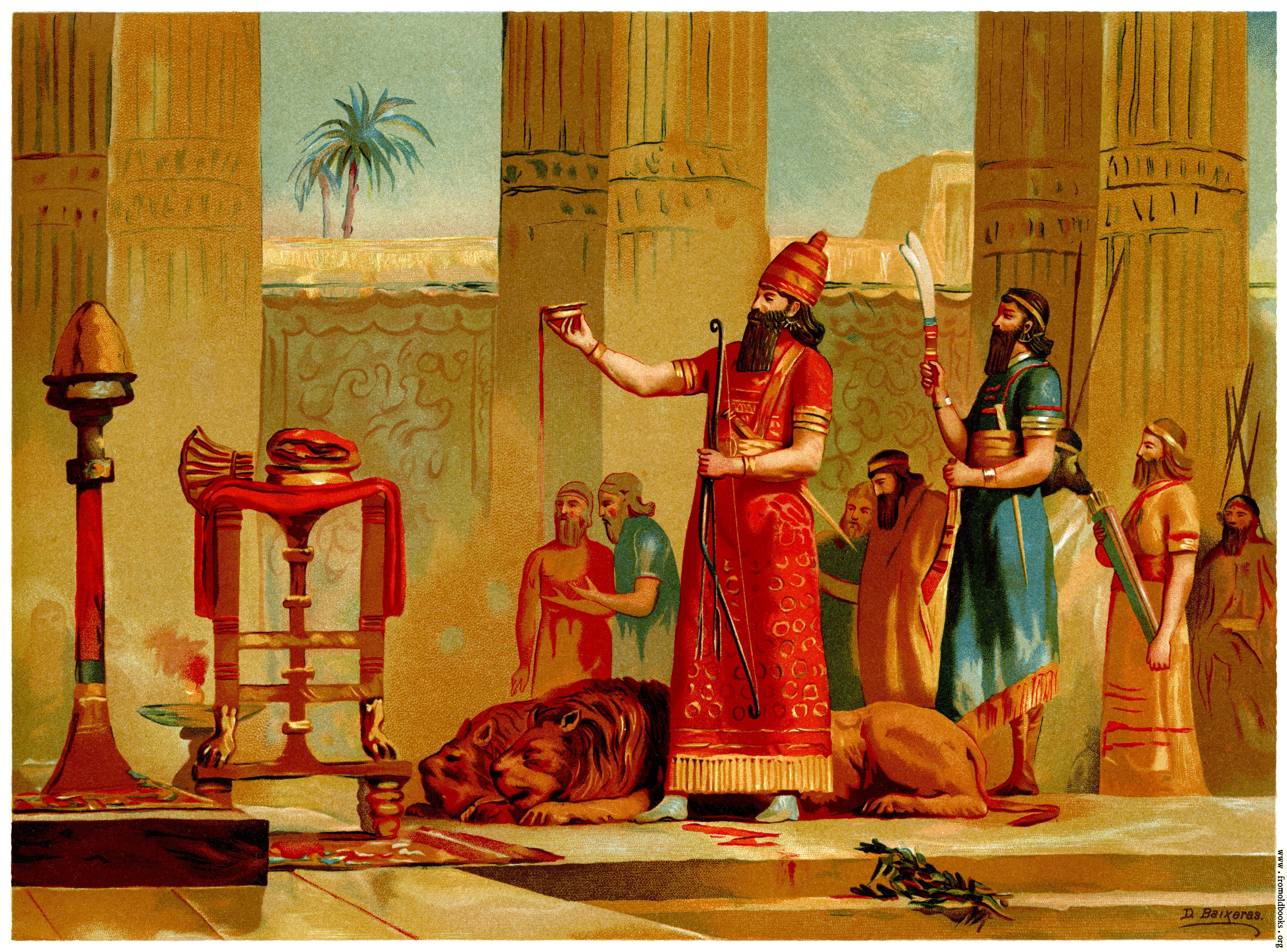 Ashurbanipal sacrificing the lions he has killed