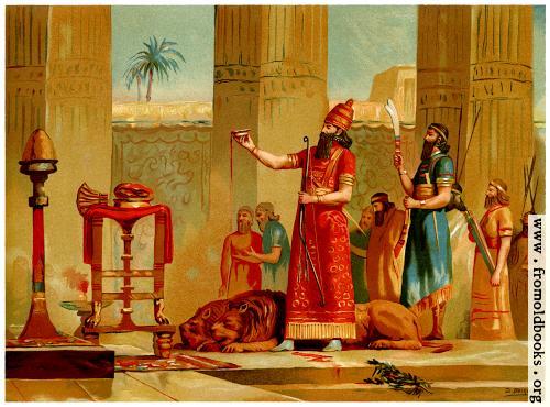 [Picture: Ashurbanipal sacrificing the lions he has killed]
