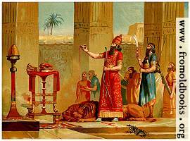 [picture: Ashurbanipal sacrificing the lions he has killed]