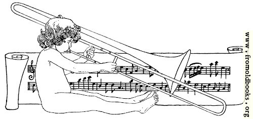 [Picture: Drawing of naked child playing trombone with scroll of music]
