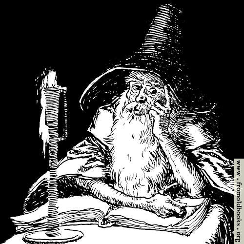 [Picture: Wizard with book and candle]