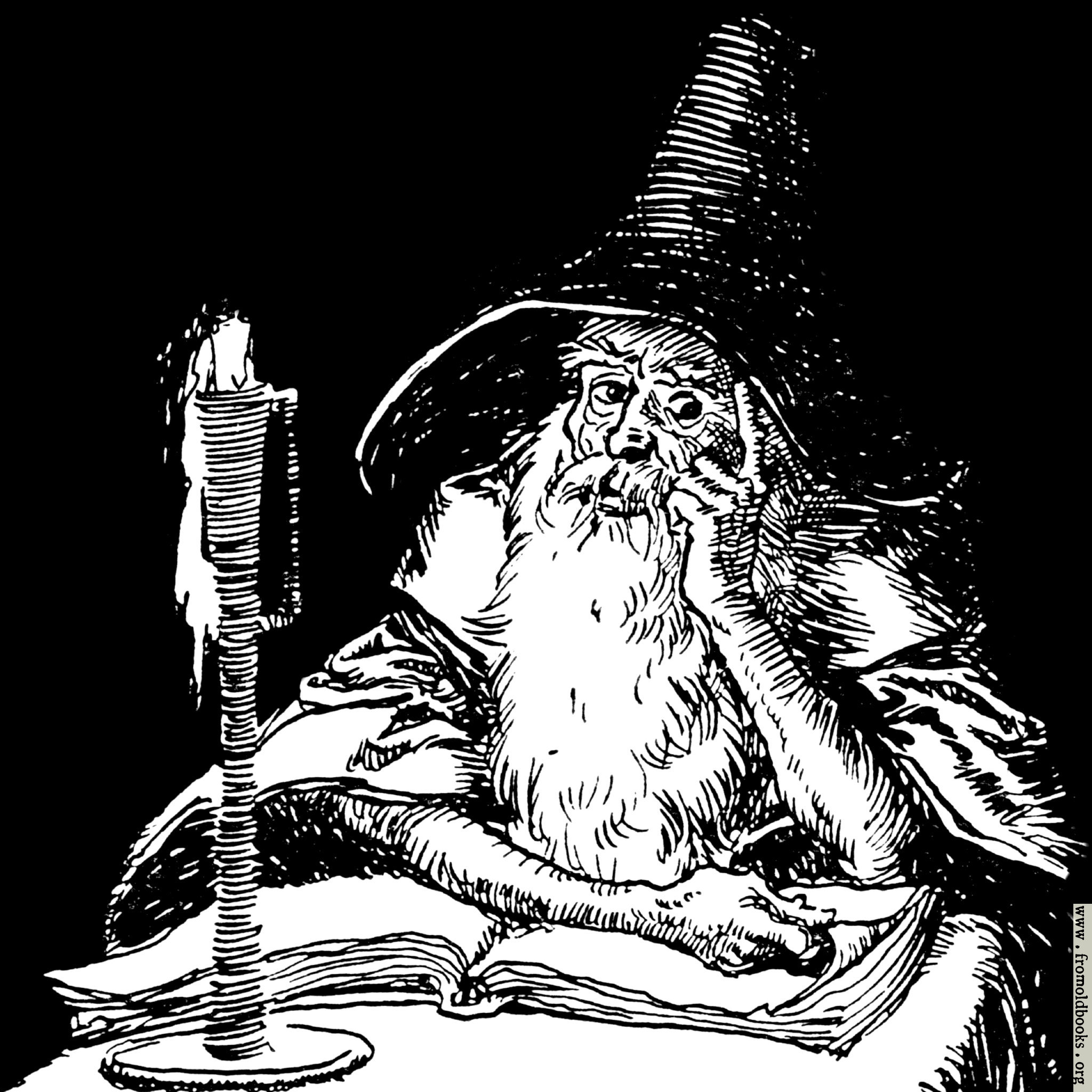 [Picture: Wizard with book and candle]