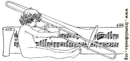[picture: Drawing of naked child playing trombone with scroll of music]