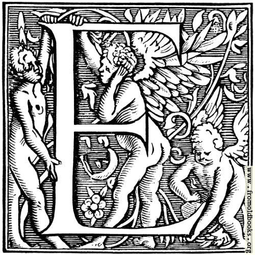 [Picture: Decorative initial E with angel, woman and cherub]