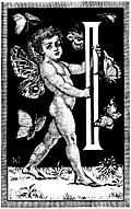 [Picture: Initial letter “I” with fairy cupid and butterflies]