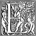 Decorative initial E with angel, woman and cherub