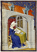 [Picture: folio 4/recto, illumination, woman writing]