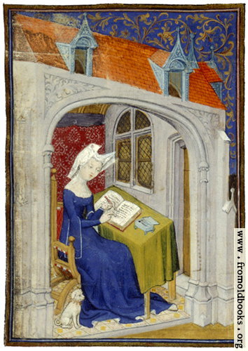 [Picture: folio 4/recto, illumination, woman writing]