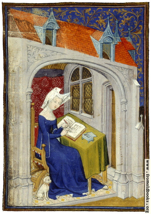 [Picture: folio 4/recto, illumination, woman writing]
