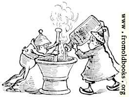 [picture: Two brownies mix liquids in a crucible]