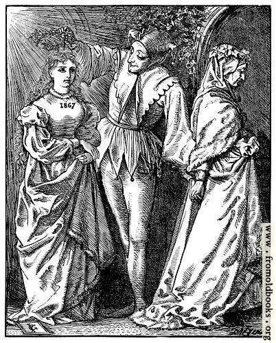 [Picture: The Old year and the New: the jester crowns the new year as a young woman, and ushers out the old year, an old woman.]