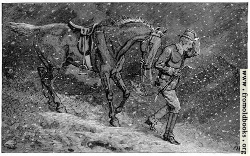 [Picture: A man leads a horse through the snow, at night]