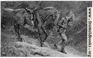 [picture: A man leads a horse through the snow, at night]