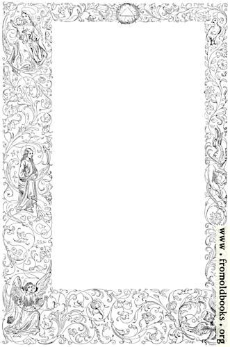 [Picture: Full-page border with flowers, vines, figures]