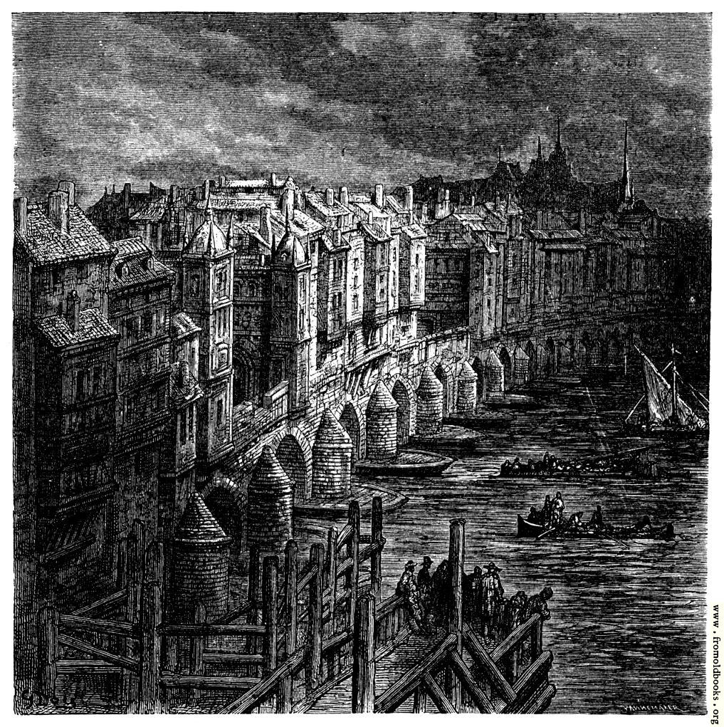 [Picture: London Bridge in 1694]