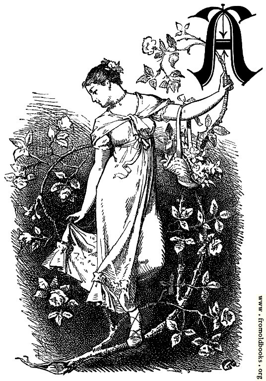 [Picture: Decorative initial “A” with girl and roses]