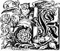 [Picture: Decorative initial “K” on scroll with owl and roses]