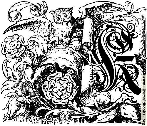 [Picture: Decorative initial “K” on scroll with owl and roses]