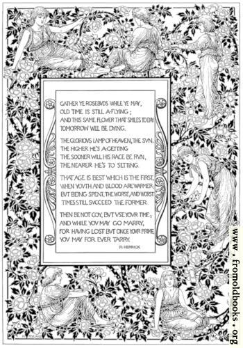 [Picture: Border of women gathering rosebuds with poem]