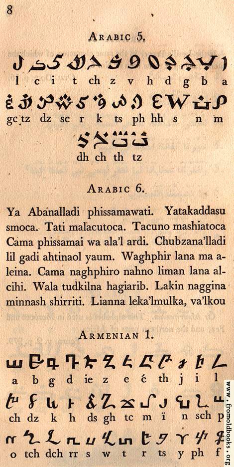 [Picture: Page 8: Arabic (African); Lord’s Prayer in Arabic; Armenian]