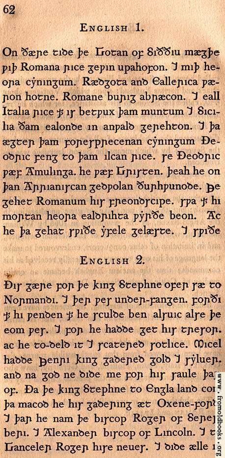 [Picture: Page 62: English 1; English 2 (Old English, as written by Anglo-Saxons)]