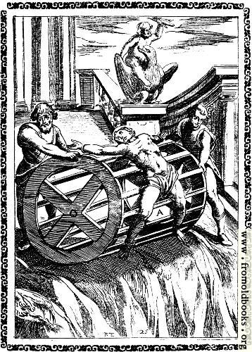 [Picture: 6.—Martyrs bound to the circumference of a great wheel, and rolled down a precipice]