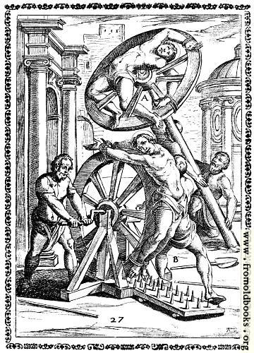 [Picture: 7.—Fastened to a wheel, which is revolved over iron spikes]