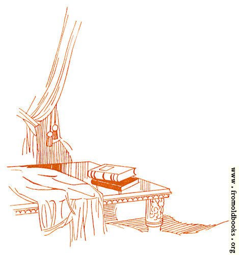 [Picture: Drawing: book on elegant table near Curtans]