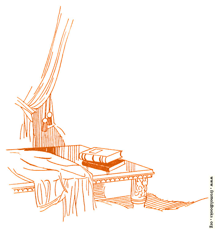 [Picture: Drawing: book on elegant table near Curtans]