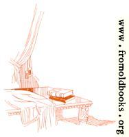 [picture: Drawing: book on elegant table near Curtans]