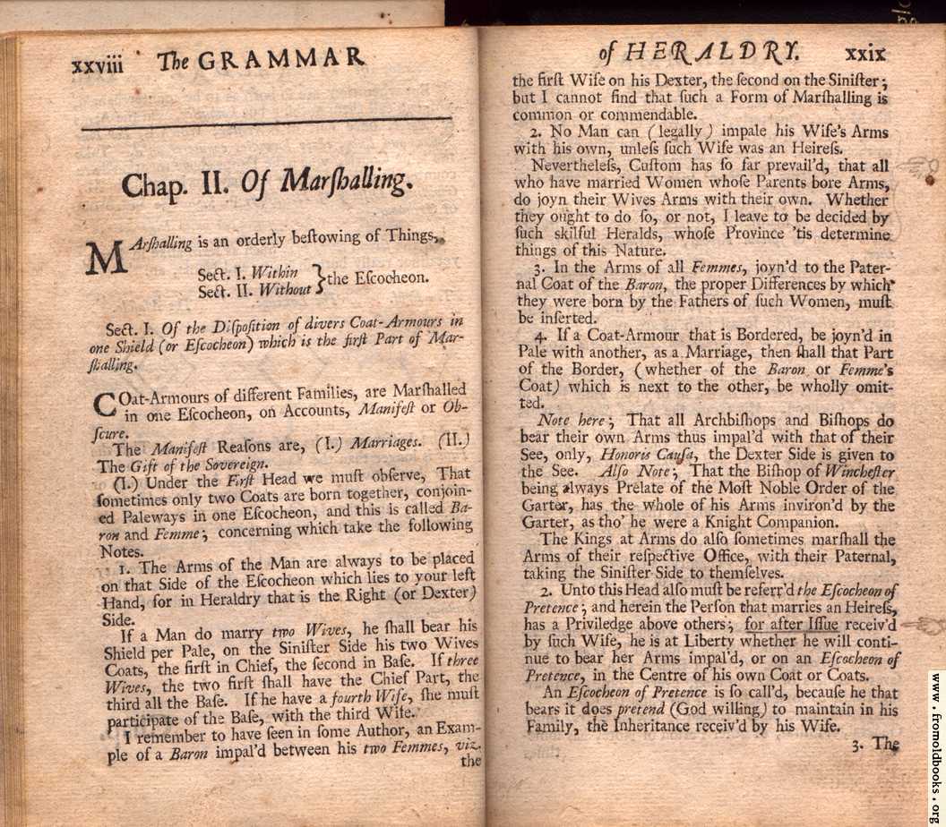 [Picture: Chapter II. <i>Of Marshalling.</i> Section I. Of the Disposition of divers Coat-Armours in one Shield (or Escocheon) which is the first Part of Marshalling.]