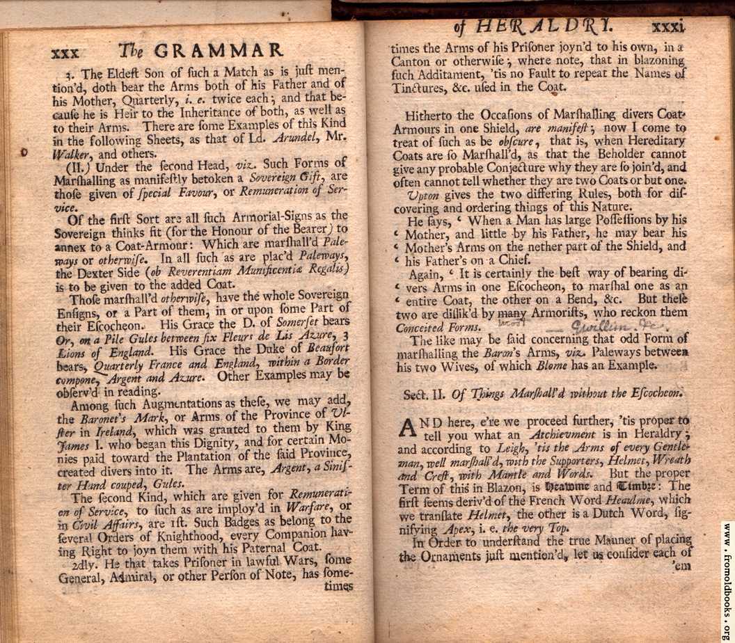 [Picture: Section I. continued; Section II. Of Things Marshall’d without the Escocheon.]