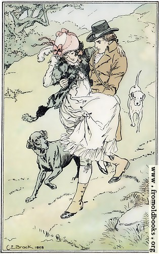 [Picture: The gentleman offered his services, took her up in his arms, and carried her down the hill.]