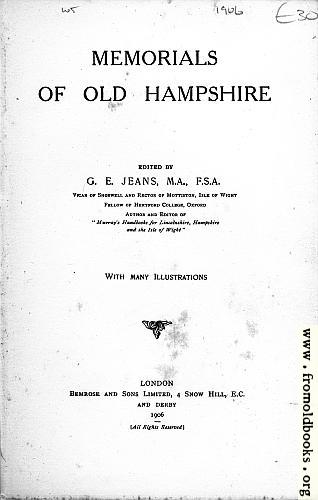 [Picture: Title Page, Memorials of Old Hampshire]