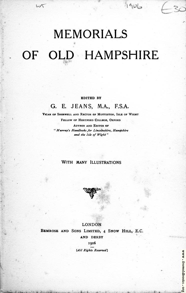[Picture: Title Page, Memorials of Old Hampshire]