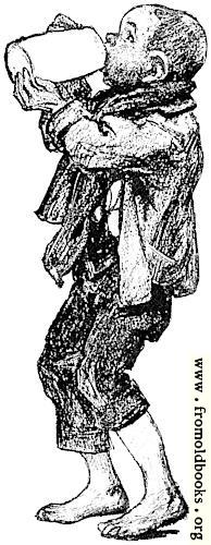 [Picture: Barefoot boy guzzles beer]