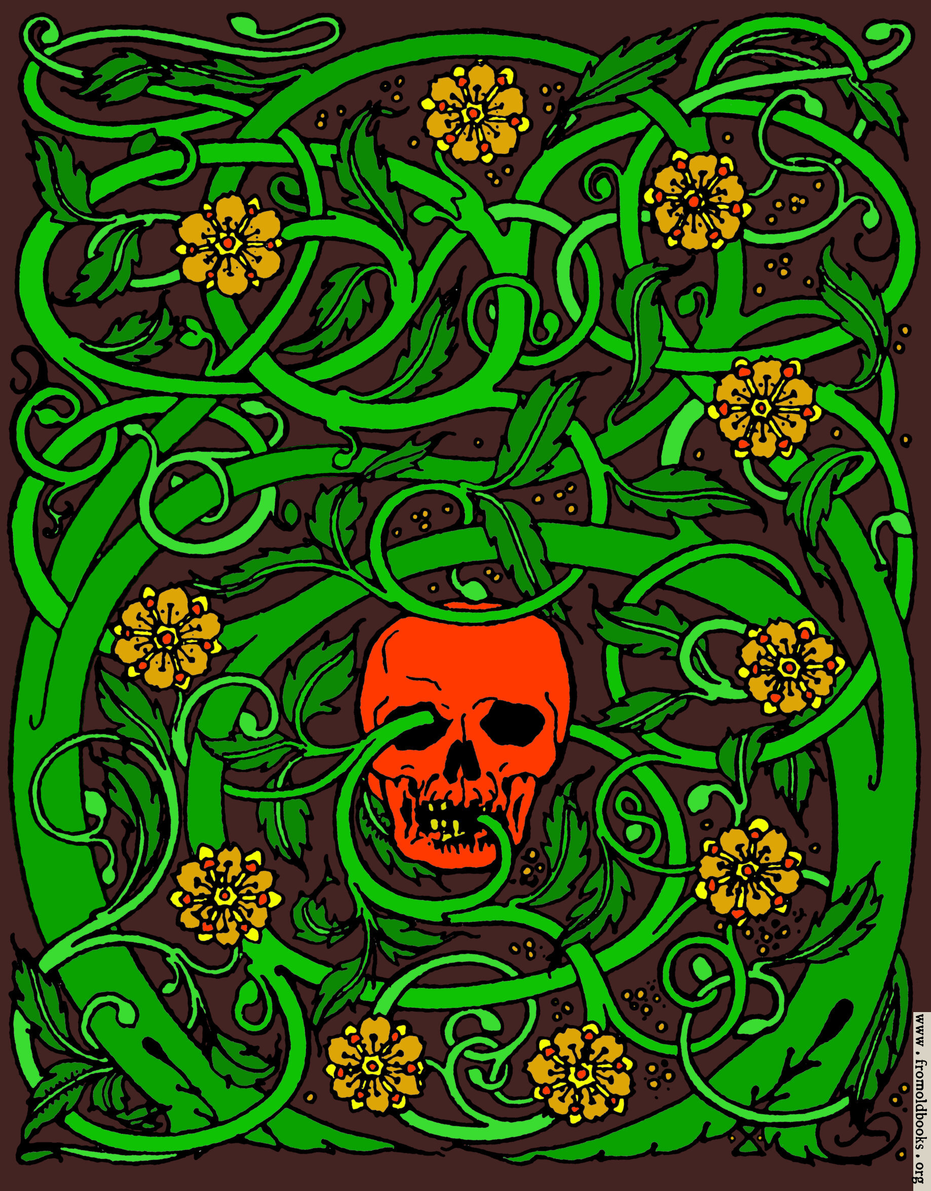 [Picture: Goth skull with vines, colour version]