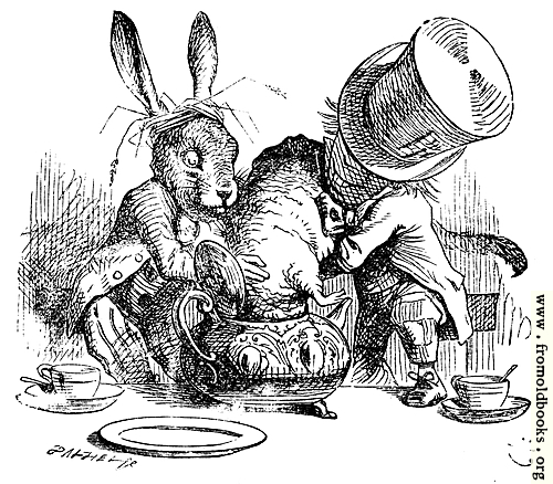 [Picture: Mad Hatter and March Hare dunking the Dormouse]