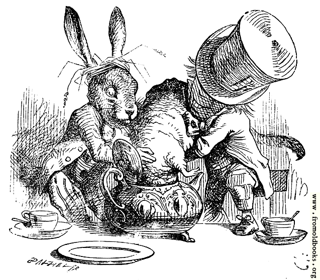[Picture: Mad Hatter and March Hare dunking the Dormouse]