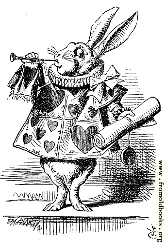 [Picture: White Rabbit, dressed as herald, blowing trumpet]