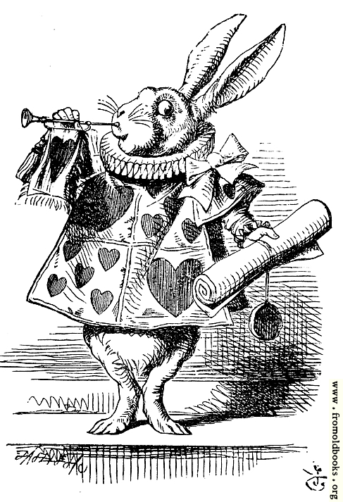 [Picture: White Rabbit, dressed as herald, blowing trumpet]