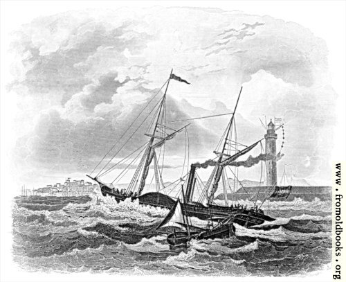 [Picture: Paddle steamer on stormy seas]