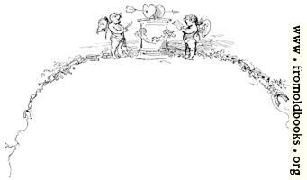 Border with cherubs, arrow piercing hearts, flowers and leaves